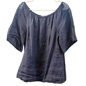 Terzo Millennio Linen Crocheted Off Shoulder Top Navy Blue Made in Italy Size L